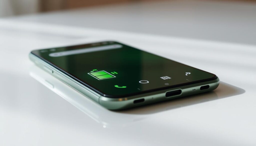 A close-up view of a green android smartphone with an illuminated battery icon, showcasing its energy-saving "Greenify" mode. The device is placed on a clean, white surface, bathed in soft, natural lighting. The background is blurred, keeping the focus on the phone's screen and the green-themed user interface. The composition emphasizes the efficiency and eco-friendly nature of the Greenify app, conveying a sense of simplicity and functionality for advanced Android users.
