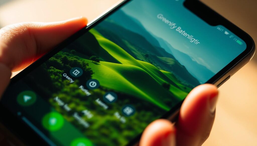 A close-up view of a smartphone screen displaying the Greenify battery saver app interface. The screen shows a lush, verdant landscape with rolling hills and flourishing vegetation, symbolizing the "greenifying" effect of the app. The interface features intuitive controls and a clean, minimalist design, with vibrant green accents. The phone is held in a human hand, casting a soft, natural shadow on the screen. The lighting is warm and directional, creating depth and highlighting the app's sleek, modern aesthetic. The overall composition conveys a sense of efficiency, sustainability, and environmental consciousness.