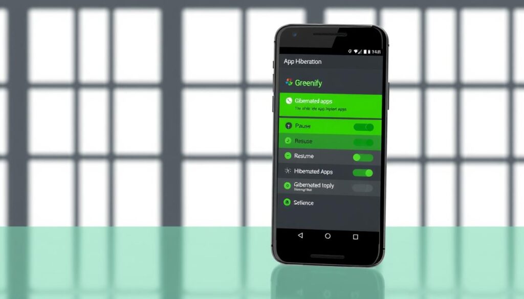A crisp digital illustration of the Greenify app hibernation interface. In the foreground, a stylized smartphone screen displays the Greenify app's hibernation controls, with clearly labeled options to pause, resume, and manage hibernated apps. The middle ground features a clean, minimalist UI design with vibrant green accents, reflecting the app's "greenifying" purpose. In the background, a subtle grid pattern or geometric shapes create a sense of structure and order, complementing the app's practical functionality. The overall scene conveys a sleek, efficient, and user-friendly experience for managing app hibernation on an Android device.