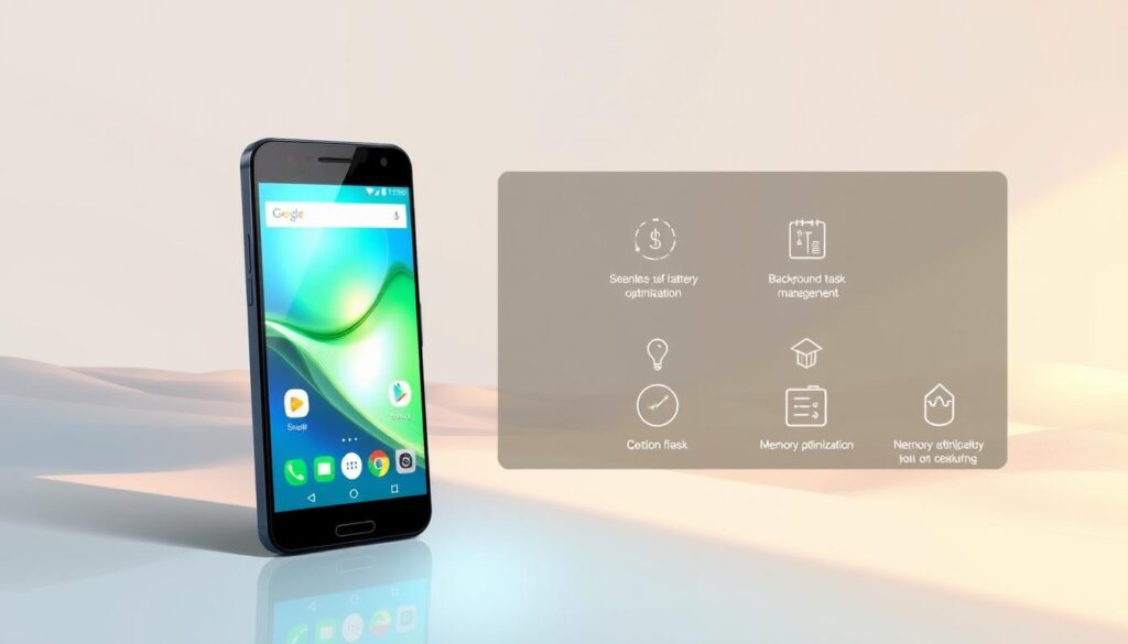 A digital illustration showcasing the benefits of optimizing Android device performance. In the foreground, a sleek, modern Android smartphone is prominently displayed, its screen highlighting a seamless, fast-paced user experience. The middle ground features a series of intuitive icons and visual cues, representing features like battery optimization, background task management, and memory optimization. The background is a clean, minimalist landscape, conveying a sense of efficiency and streamlined functionality. The lighting is soft and natural, casting a warm, inviting glow over the entire scene. The overall mood is one of productivity, simplicity, and the empowerment of Android users to enhance their device's performance.