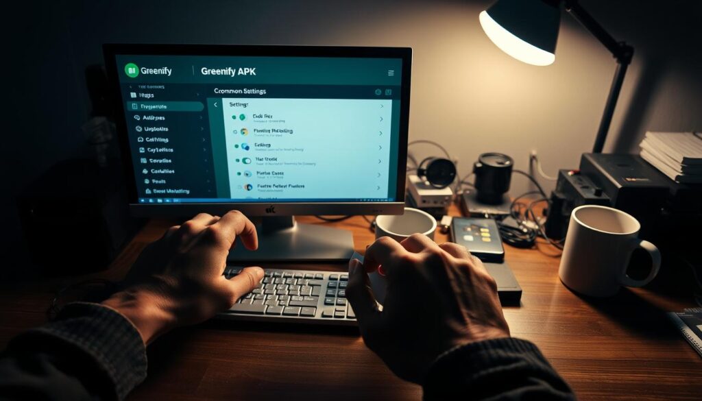 A dimly lit workspace with a desktop computer displaying the Greenify APK interface. In the foreground, a pair of hands troubleshooting the app, adjusting settings and scrolling through menus. The background features a cluttered desk with various electronic devices, cables, and a mug of coffee, conveying a sense of a tech-savvy individual tackling a common problem. Soft, warm lighting creates a cozy, focused atmosphere, while the camera angle provides a close-up, intimate view of the troubleshooting process.
