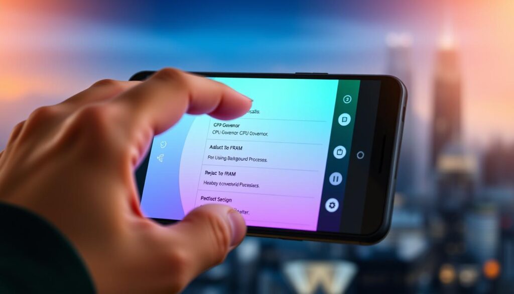 A sleek, well-designed Android phone with a glowing, vibrant screen displays a series of performance optimization widgets and settings. In the foreground, a hand hovers over the screen, adjusting various parameters like CPU governor, RAM usage, and background processes. The middle ground showcases a minimalist user interface with clean icons and intuitive controls. The background features a blurred, futuristic cityscape, suggesting the modern, high-tech nature of the device. Soft, warm lighting illuminates the scene, creating a sense of focus and productivity. The overall mood is one of efficiency, attention to detail, and a desire to maximize the device's potential.